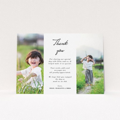 A communion thank you card template titled "Landscape Sandwich Frame". It is an A5 card in a landscape orientation. It is a photographic communion thank you card with room for 2 photos. "Landscape Sandwich Frame" is available as a flat card, with mainly white colouring.