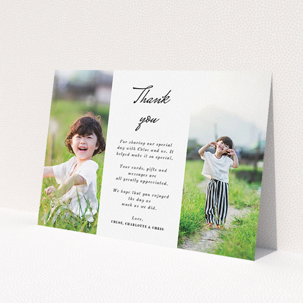 A communion thank you card template titled 'Landscape Sandwich Frame'. It is an A5 card in a landscape orientation. It is a photographic communion thank you card with room for 2 photos. 'Landscape Sandwich Frame' is available as a flat card, with mainly white colouring.