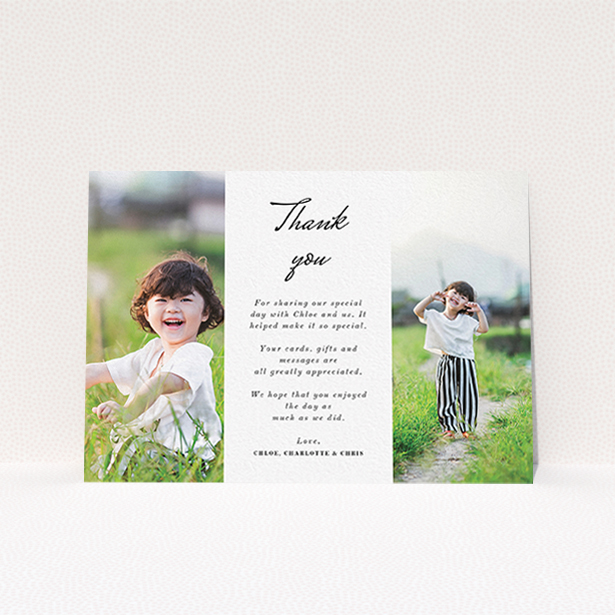 A communion thank you card design called "Landscape Sandwich Frame". It is an A6 card in a landscape orientation. It is a photographic communion thank you card with room for 2 photos. "Landscape Sandwich Frame" is available as a flat card, with mainly white colouring.