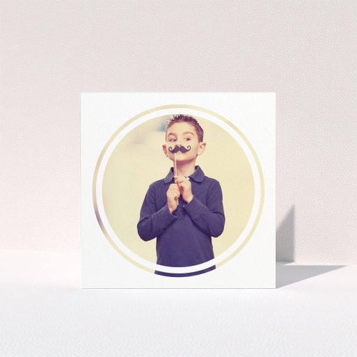Communion Thank You Card Design - "Modern Circle Frame" A communion thank you card called "Modern Circle Frame". It is a square (148mm x 148mm) card in a square orientation. It is a photographic communion thank you card with room for 1 photo. "Modern Circle Frame" is available as a folded card, with mainly white colouring.