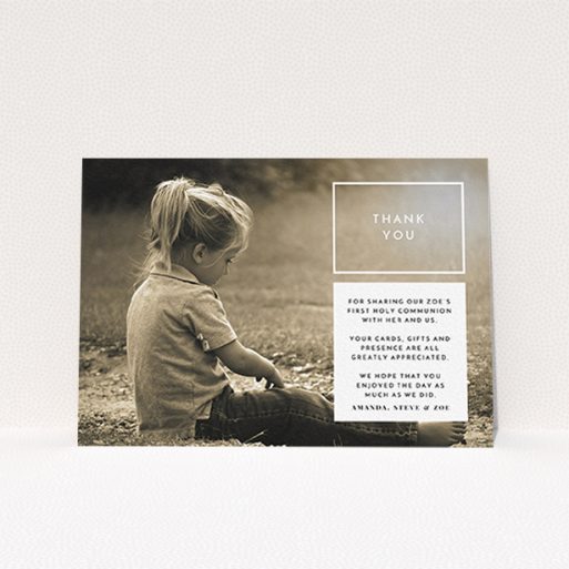 A communion thank you card called "Modern Side Frame". It is an A6 card in a landscape orientation. It is a photographic communion thank you card with room for 1 photo. "Modern Side Frame" is available as a flat card, with mainly white colouring.