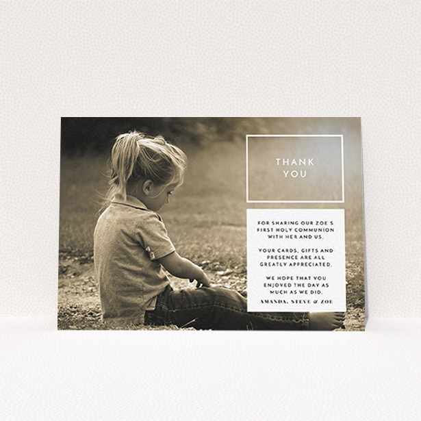 A communion thank you card called "Modern Side Frame". It is an A6 card in a landscape orientation. It is a photographic communion thank you card with room for 1 photo. "Modern Side Frame" is available as a flat card, with mainly white colouring.