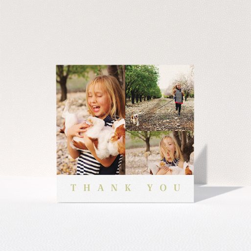 A communion thank you card design named "One and Two Half Frames". It is a square (148mm x 148mm) card in a square orientation. It is a photographic communion thank you card with room for 3 photos. "One and Two Half Frames" is available as a folded card, with tones of white and gold.