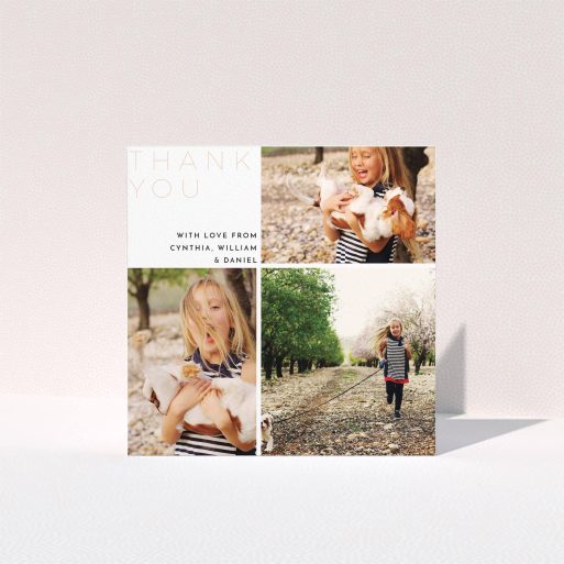 Communion Thank You Card Design - "Quarter Frames" A communion thank you card template titled "Quarter Frames". It is a square (148mm x 148mm) card in a square orientation. It is a photographic communion thank you card with room for 3 photos. "Quarter Frames" is available as a folded card, with tones of white and pink.