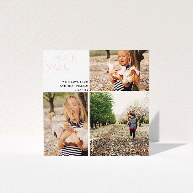 A communion thank you card template titled "Quarter Frames". It is a square (148mm x 148mm) card in a square orientation. It is a photographic communion thank you card with room for 3 photos. "Quarter Frames" is available as a folded card, with tones of white and pink.