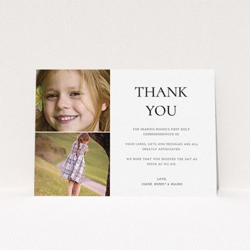 A communion thank you card design titled "Stacked Frames in Thirds". It is an A6 card in a landscape orientation. It is a photographic communion thank you card with room for 2 photos. "Stacked Frames in Thirds" is available as a flat card, with mainly white colouring.