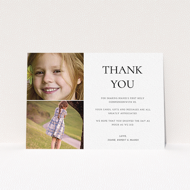 A communion thank you card design titled "Stacked Frames in Thirds". It is an A6 card in a landscape orientation. It is a photographic communion thank you card with room for 2 photos. "Stacked Frames in Thirds" is available as a flat card, with mainly white colouring.
