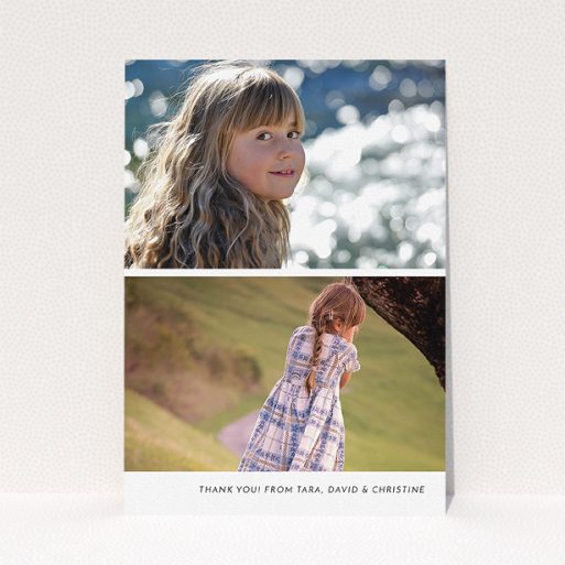 A communion thank you card named "Stacked Landscapes". It is an A5 card in a portrait orientation. It is a photographic communion thank you card with room for 2 photos. "Stacked Landscapes" is available as a flat card, with mainly white colouring.