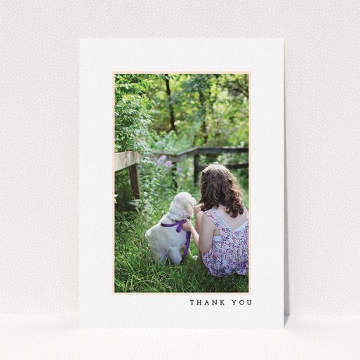 A communion thank you card design called "Thin Pink Frame". It is an A5 card in a portrait orientation. It is a photographic communion thank you card with room for 1 photo. "Thin Pink Frame" is available as a flat card, with tones of white and pink.