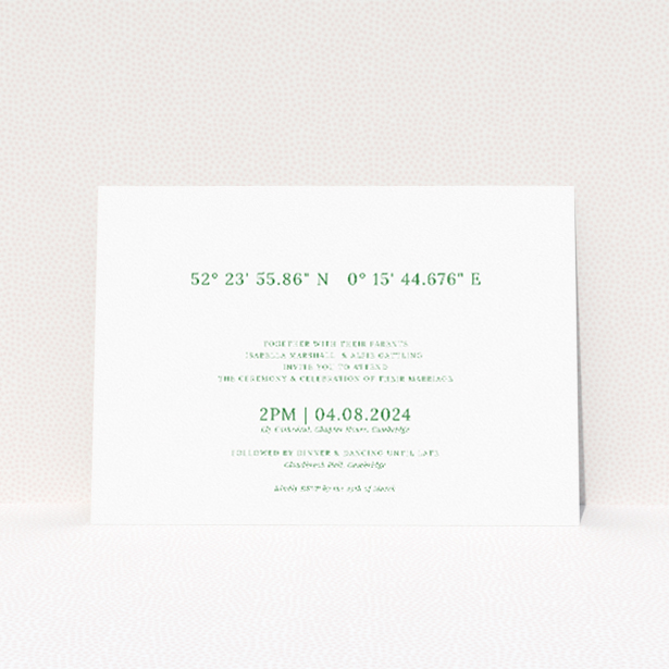 "Coordinates wedding invitation featuring geographic coordinates of the wedding location in bold, set against a soft green and black palette on a crisp white background, ideal for couples highlighting the significance of their venue in their love story.". This is a view of the front