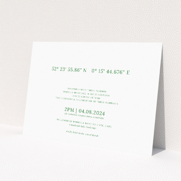 'Coordinates wedding invitation featuring geographic coordinates of the wedding location in bold, set against a soft green and black palette on a crisp white background, ideal for couples highlighting the significance of their venue in their love story.'. This is a view of the front