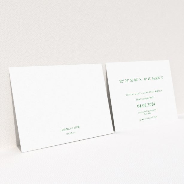 "Coordinates wedding save the date card featuring geographic coordinates of the wedding location, ideal for modern couples seeking minimalist elegance and meaningful details.". This is a view of the back