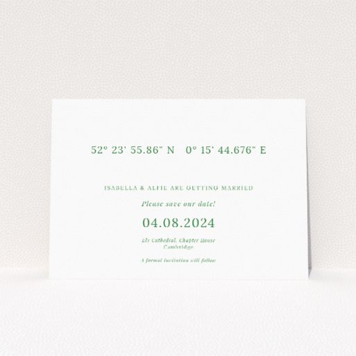 "Coordinates wedding save the date card featuring geographic coordinates of the wedding location, ideal for modern couples seeking minimalist elegance and meaningful details.". This is a view of the front