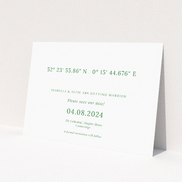'Coordinates wedding save the date card featuring geographic coordinates of the wedding location, ideal for modern couples seeking minimalist elegance and meaningful details.'. This is a view of the front