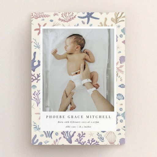 Seashell themed birth announcement card design with one photo of a newborn baby.