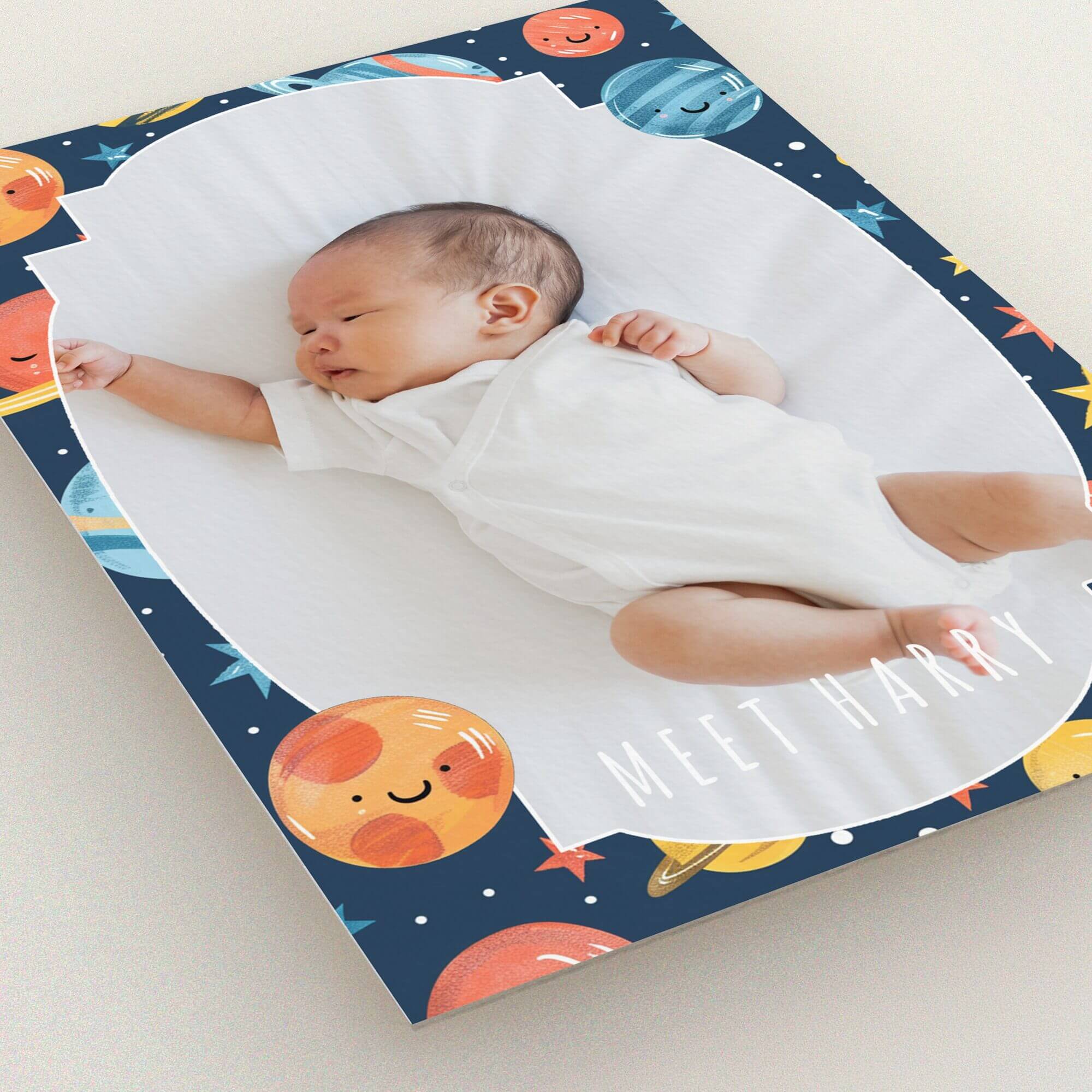 Colourful birth announcement card design with one photo featuring planets and stars theme.