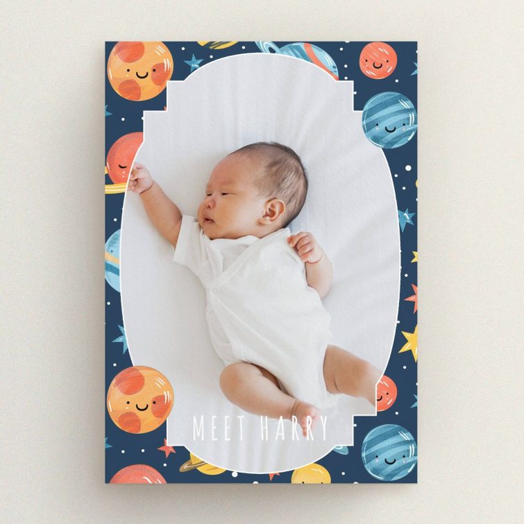 Colourful birth announcement card design with one photo featuring planets and stars theme.