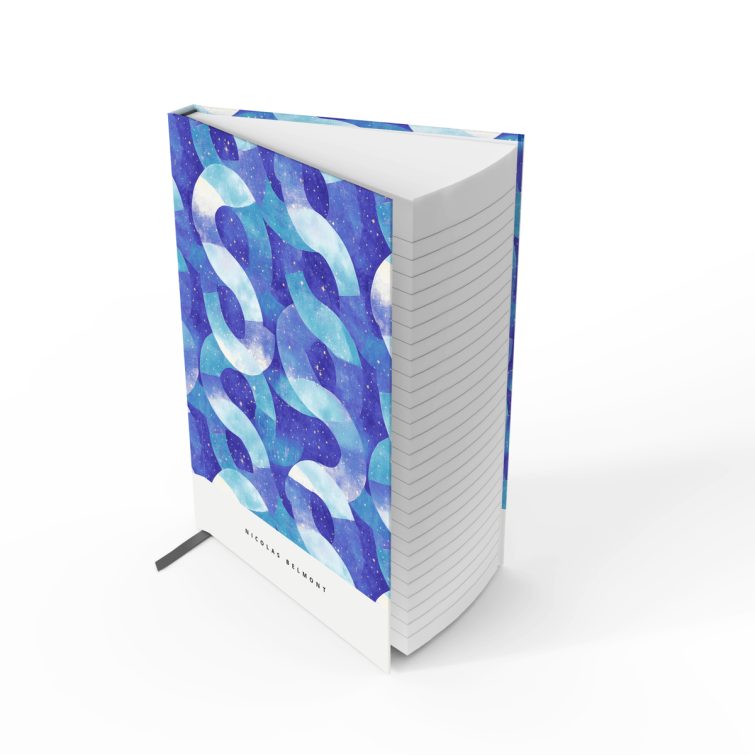 Abstract blue and turquoise pattern notebook design with starry elements on cover spread, no photos present.