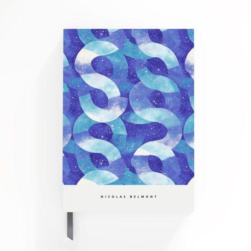 Abstract blue and turquoise pattern notebook design with starry elements on cover spread, no photos present.