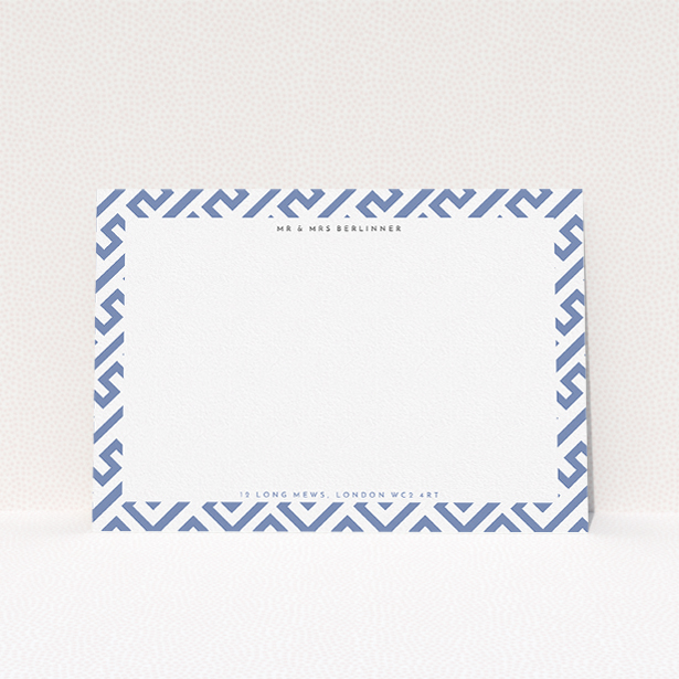 A couples correspondence card design called "Blue and white corners". It is an A5 card in a landscape orientation. "Blue and white corners" is available as a flat card, with tones of blue and white.
