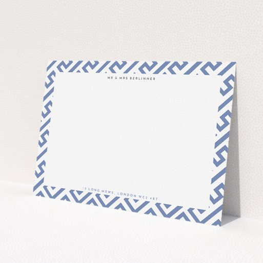 A couples correspondence card design called 'Blue and white corners'. It is an A5 card in a landscape orientation. 'Blue and white corners' is available as a flat card, with tones of blue and white.