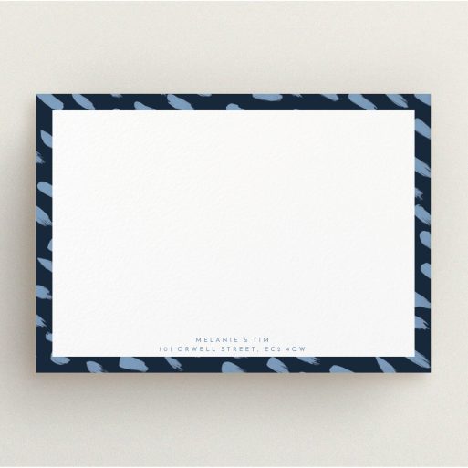 Correspondence Card Design (Couples) - "Blue smudge" A couples correspondence card design titled "Blue smudge". It is an A5 card in a landscape orientation. "Blue smudge" is available as a flat card, with tones of blue and white.