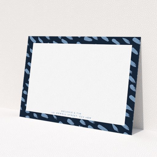 A couples correspondence card design titled 'Blue smudge'. It is an A5 card in a landscape orientation. 'Blue smudge' is available as a flat card, with tones of blue and white.
