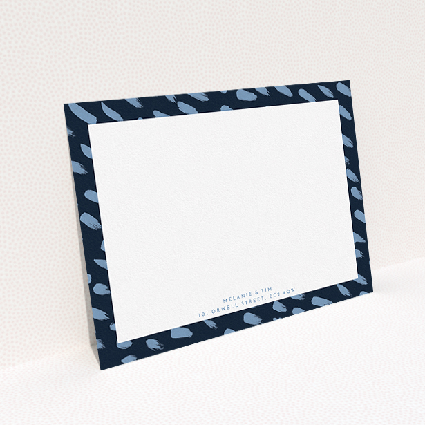 A couples correspondence card design titled "Blue smudge". It is an A5 card in a landscape orientation. "Blue smudge" is available as a flat card, with tones of blue and white.