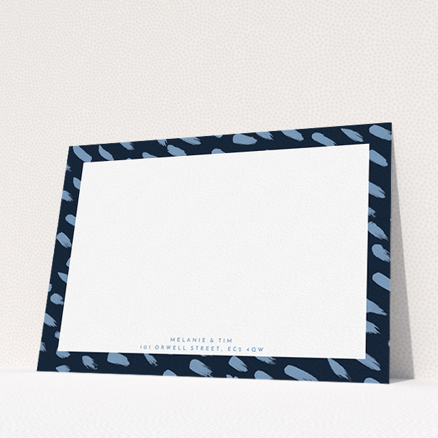 A couples correspondence card design titled "Blue smudge". It is an A5 card in a landscape orientation. "Blue smudge" is available as a flat card, with tones of blue and white.
