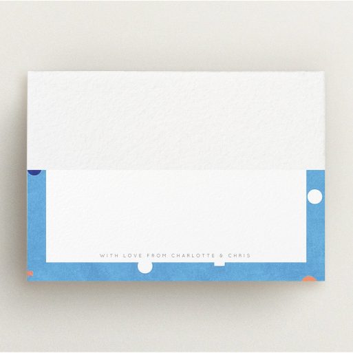 Correspondence Card Design (Couples) - "Capri" A couples correspondence card design named "Capri". It is an A5 card in a landscape orientation. "Capri" is available as a flat card, with tones of light blue and orange.