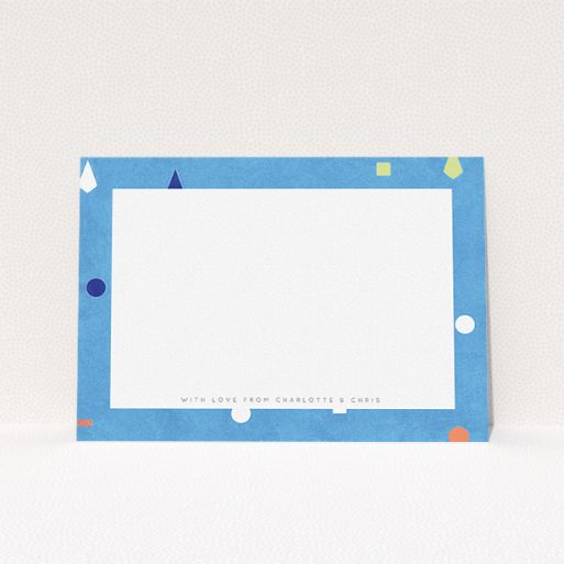 A couples correspondence card design named "Capri". It is an A5 card in a landscape orientation. "Capri" is available as a flat card, with tones of light blue and orange.