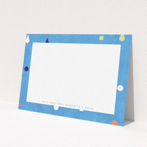 A couples correspondence card design named 'Capri'. It is an A5 card in a landscape orientation. 'Capri' is available as a flat card, with tones of light blue and orange.