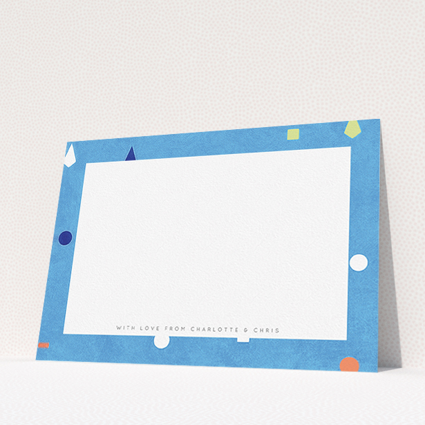 A couples correspondence card design named "Capri". It is an A5 card in a landscape orientation. "Capri" is available as a flat card, with tones of light blue and orange.
