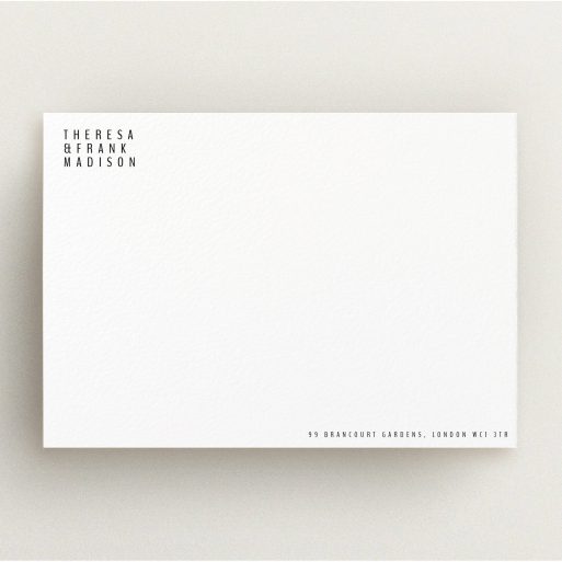 Correspondence Card Design (Couples) - "Corner to corner" A couples correspondence card called "Corner to corner". It is an A5 card in a landscape orientation. "Corner to corner" is available as a flat card, with mainly white colouring.