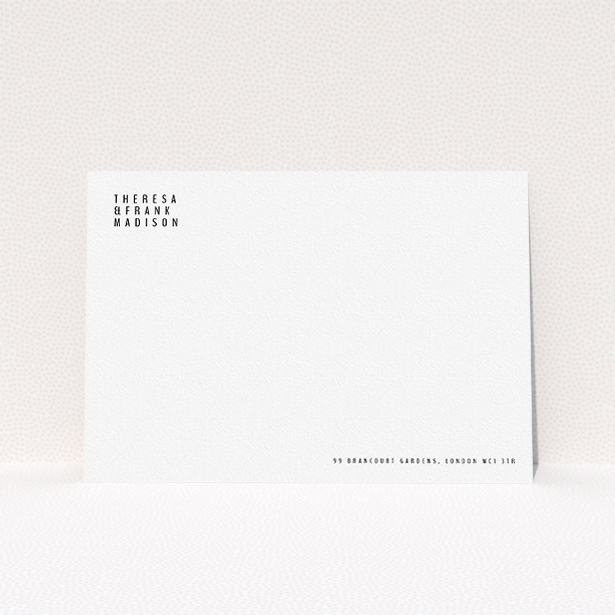 A couples correspondence card called "Corner to corner". It is an A5 card in a landscape orientation. "Corner to corner" is available as a flat card, with mainly white colouring.