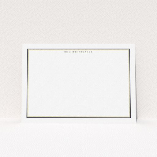 A couples correspondence card template titled "Deco border". It is an A5 card in a landscape orientation. "Deco border" is available as a flat card, with tones of gold and black.