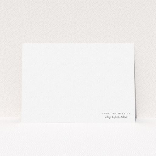 A couples correspondence card design named "Down in the corner". It is an A5 card in a landscape orientation. "Down in the corner" is available as a flat card, with mainly white colouring.