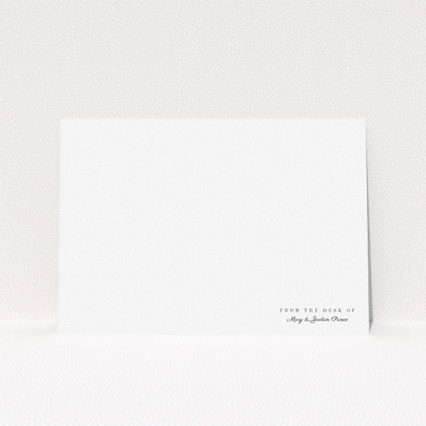 A couples correspondence card design named "Down in the corner". It is an A5 card in a landscape orientation. "Down in the corner" is available as a flat card, with mainly white colouring.