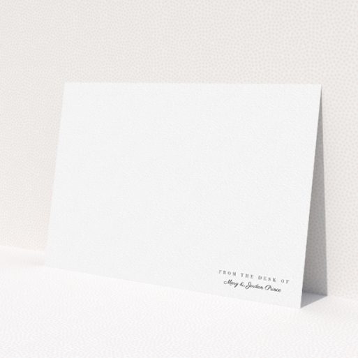 A couples correspondence card design named 'Down in the corner'. It is an A5 card in a landscape orientation. 'Down in the corner' is available as a flat card, with mainly white colouring.