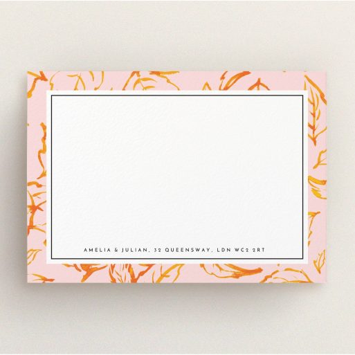 Correspondence Card Design (Couples) - "Foliage" A couples correspondence card named "Foliage". It is an A5 card in a landscape orientation. "Foliage" is available as a flat card, with tones of pink and orange.