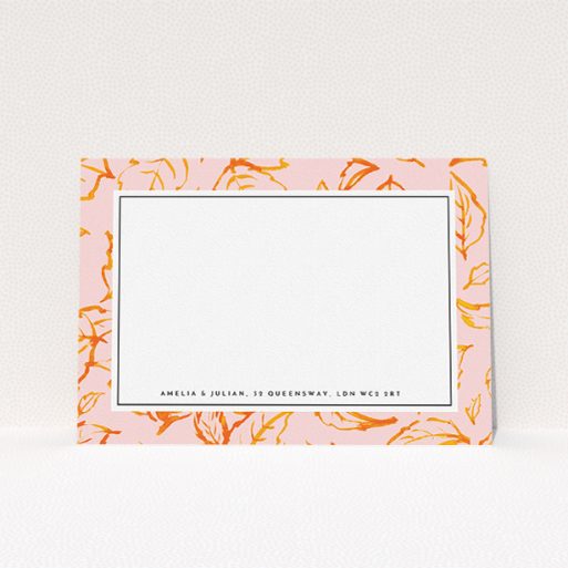A couples correspondence card named "Foliage". It is an A5 card in a landscape orientation. "Foliage" is available as a flat card, with tones of pink and orange.