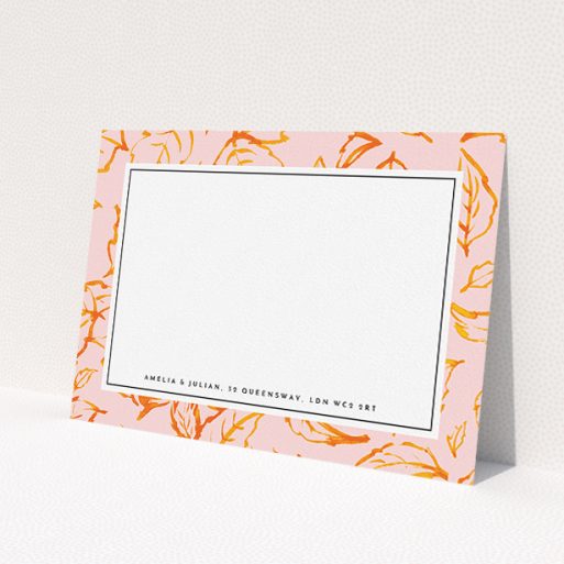 A couples correspondence card named 'Foliage'. It is an A5 card in a landscape orientation. 'Foliage' is available as a flat card, with tones of pink and orange.