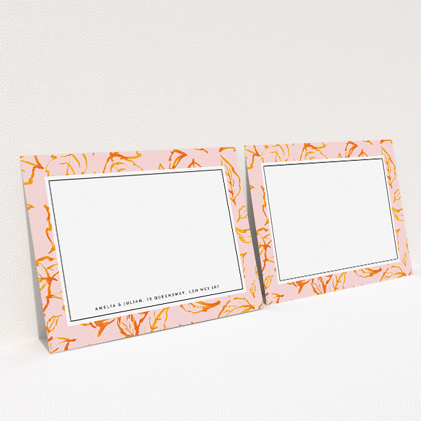 A couples correspondence card named "Foliage". It is an A5 card in a landscape orientation. "Foliage" is available as a flat card, with tones of pink and orange.