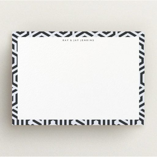 Correspondence Card Design (Couples) - "Geometric move" A couples correspondence card called "Geometric move". It is an A5 card in a landscape orientation. "Geometric move" is available as a flat card, with tones of blue and white.