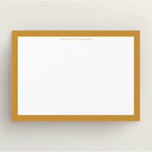 Correspondence Card Design (Couples) - "Gold border" A couples correspondence card template titled "Gold border". It is an A5 card in a landscape orientation. "Gold border" is available as a flat card, with tones of orange and white.
