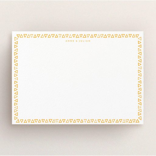 Correspondence Card Design (Couples) - "Hand drawn triangles" A couples correspondence card template titled "Hand drawn triangles". It is an A5 card in a landscape orientation. "Hand drawn triangles" is available as a flat card, with tones of orange and white.