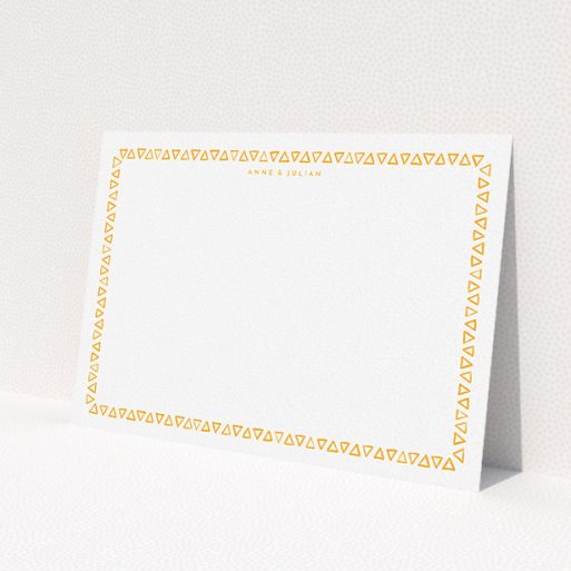 A couples correspondence card template titled 'Hand drawn triangles'. It is an A5 card in a landscape orientation. 'Hand drawn triangles' is available as a flat card, with tones of orange and white.