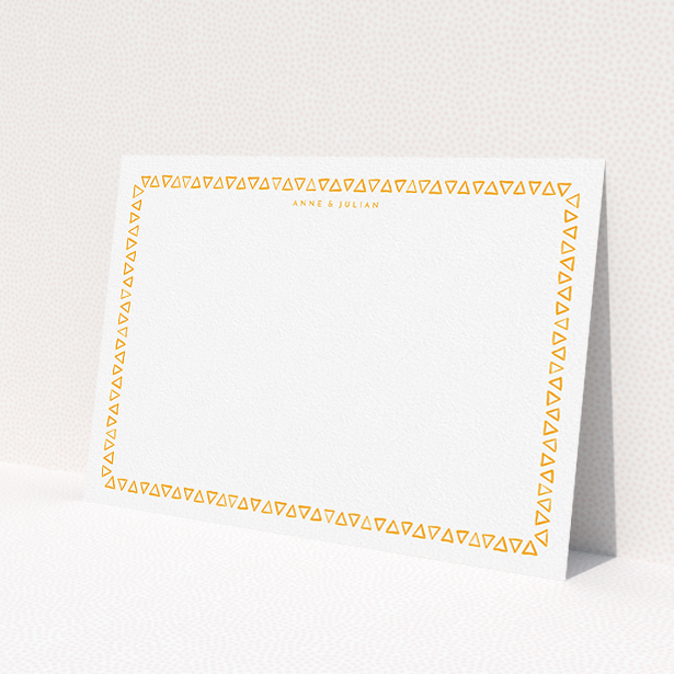A couples correspondence card template titled "Hand drawn triangles". It is an A5 card in a landscape orientation. "Hand drawn triangles" is available as a flat card, with tones of orange and white.