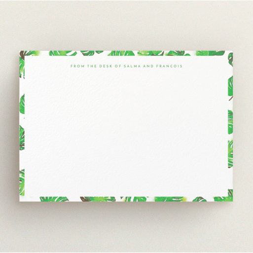 Correspondence Card Design (Couples) - "Jungle Sky" A couples correspondence card template titled "Jungle Sky". It is an A5 card in a landscape orientation. "Jungle Sky" is available as a flat card, with tones of green and white.