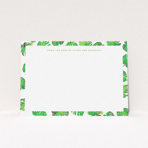 A couples correspondence card template titled "Jungle Sky". It is an A5 card in a landscape orientation. "Jungle Sky" is available as a flat card, with tones of green and white.
